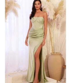 Unique Vintage Special Occasion|Prom Dresses>Cinderella Divine Sage Satin Pleated Strapless Corset Evening Gown