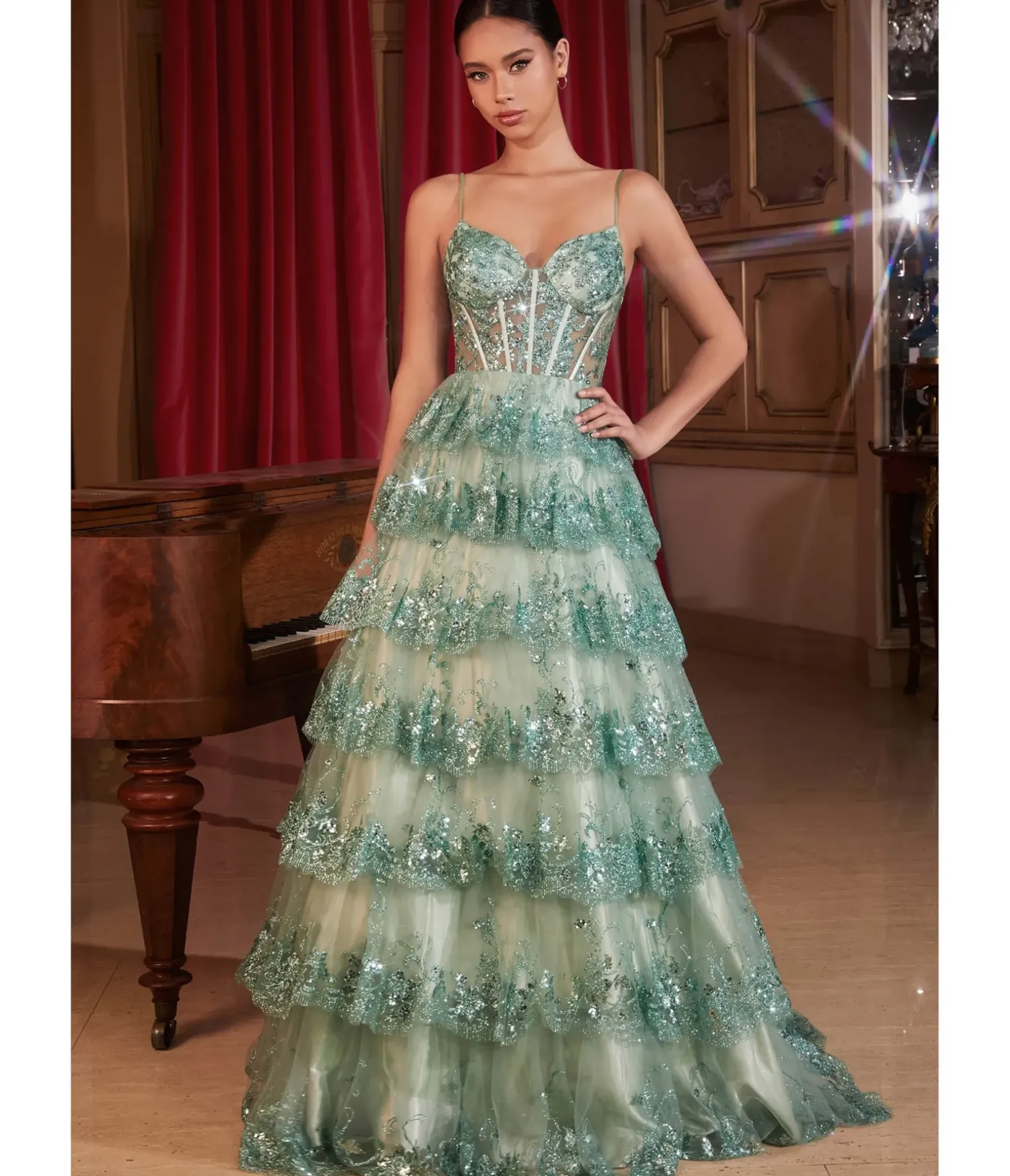 Unique Vintage Special Occasion|Prom Dresses>Cinderella Divine Sage Sparkle Tiered Prom Dress