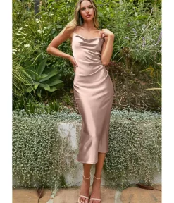 Unique Vintage Special Occasion|Under $100>Cinderella Divine Sand Satin Slip Homecoming Midi Dress