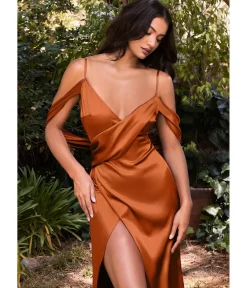 Unique Vintage Bridesmaid Dresses|Wedding Guest>Cinderella Divine Sienna Satin Draped Cowl Back Bridesmaid Dress