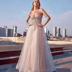 Unique Vintage Special Occasion|Prom Dresses>Cinderella Divine Silver Nude Applique Sleeveless Tulle Prom Dress