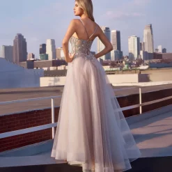 Unique Vintage Special Occasion|Prom Dresses>Cinderella Divine Silver Nude Applique Sleeveless Tulle Prom Dress