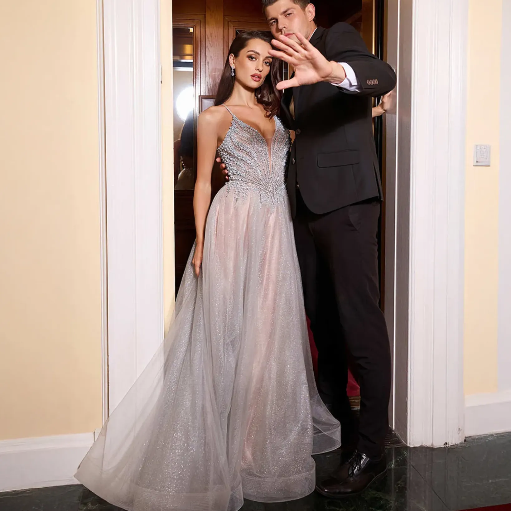 Unique Vintage Special Occasion|Prom Dresses>Cinderella Divine Silver Nude Pearl Beaded Sleeveless Prom Dress