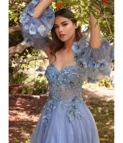 Unique Vintage Special Occasion|Prom Dresses>Cinderella Divine Smokey Blue Floral Off The Shoulder Fairytale Prom Dress