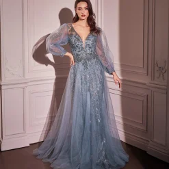 Unique Vintage Special Occasion|Prom Dresses>Cinderella Divine Smoky Blue Beaded Long Sleeve A-Line Prom Dress