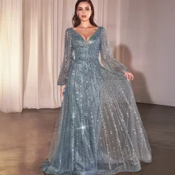 Unique Vintage Special Occasion|Prom Dresses>Cinderella Divine Smoky Blue Beaded Long Sleeve A-Line Prom Dress