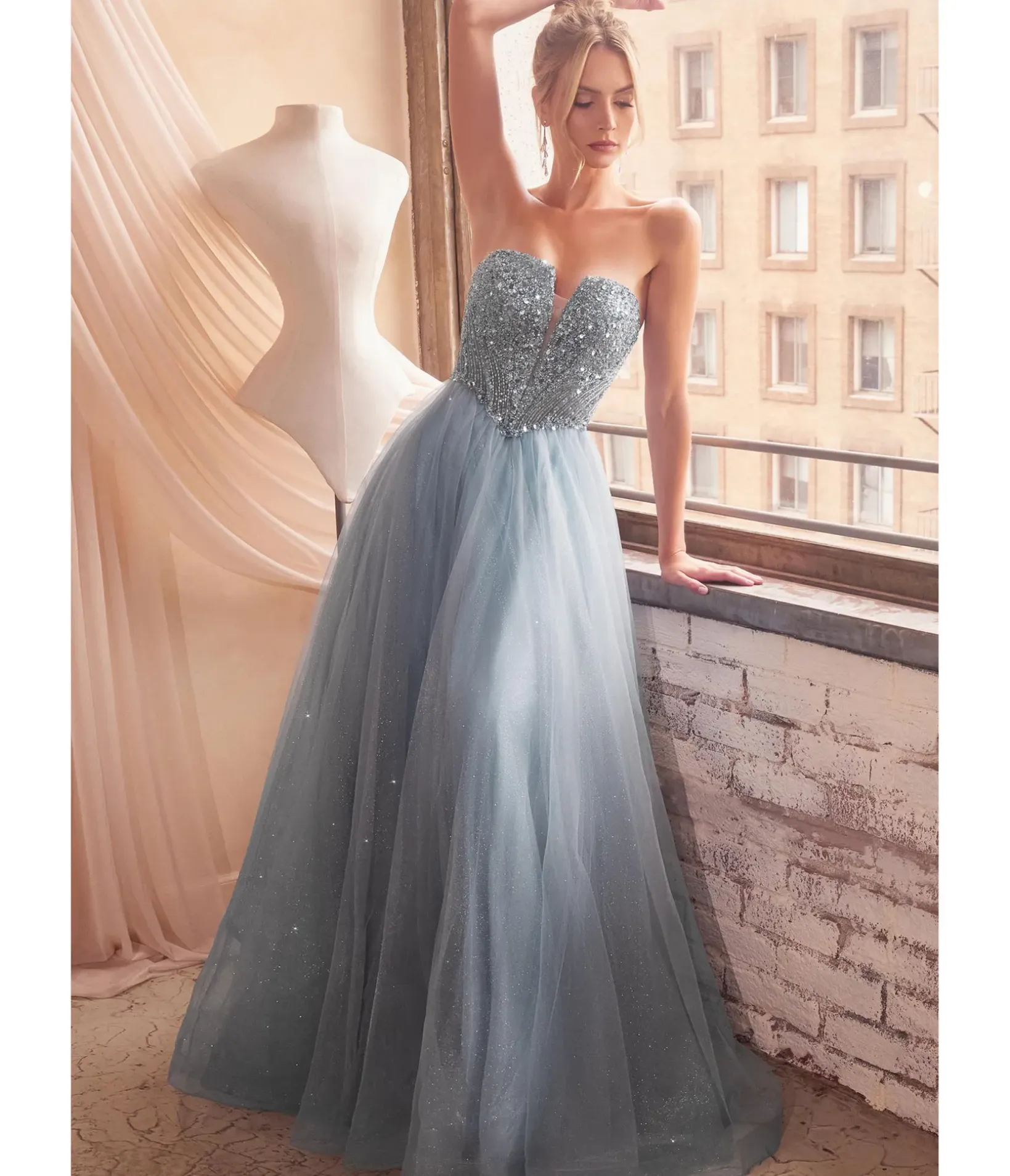 Unique Vintage Special Occasion|Prom Dresses>Cinderella Divine Smoky Blue Glitter Bodice & Tulle Prom Ball Gown