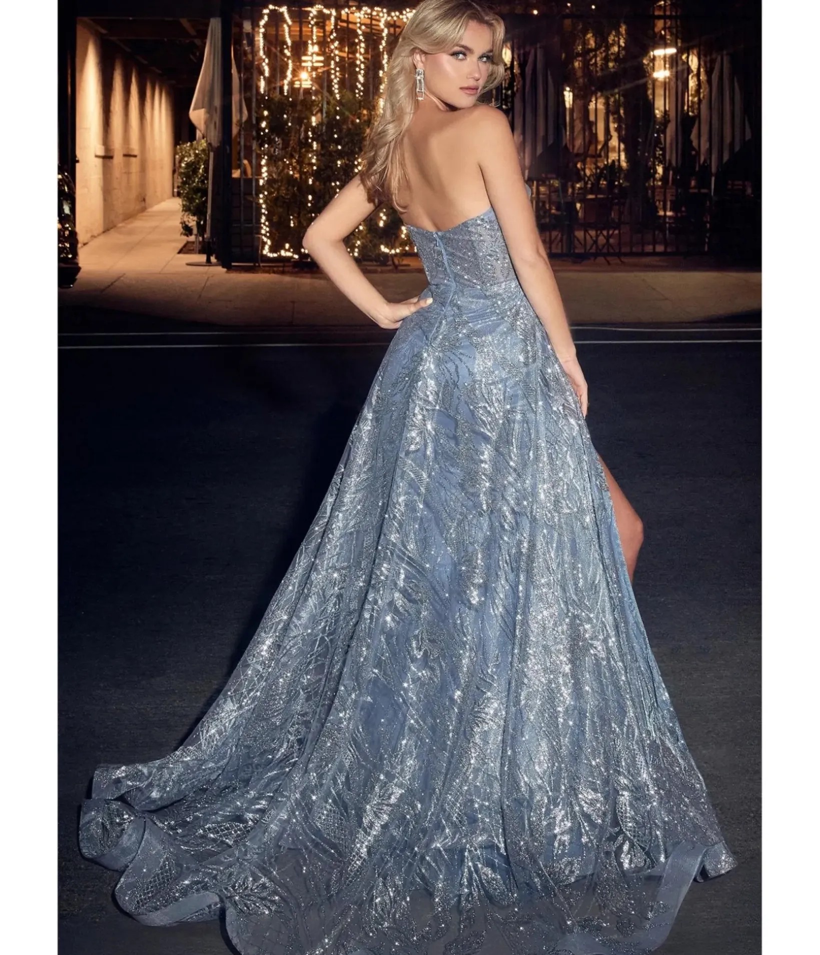 Unique Vintage Special Occasion|Prom Dresses>Cinderella Divine Smoky Blue Glitter Printed Strapless Mermaid Evening Gown