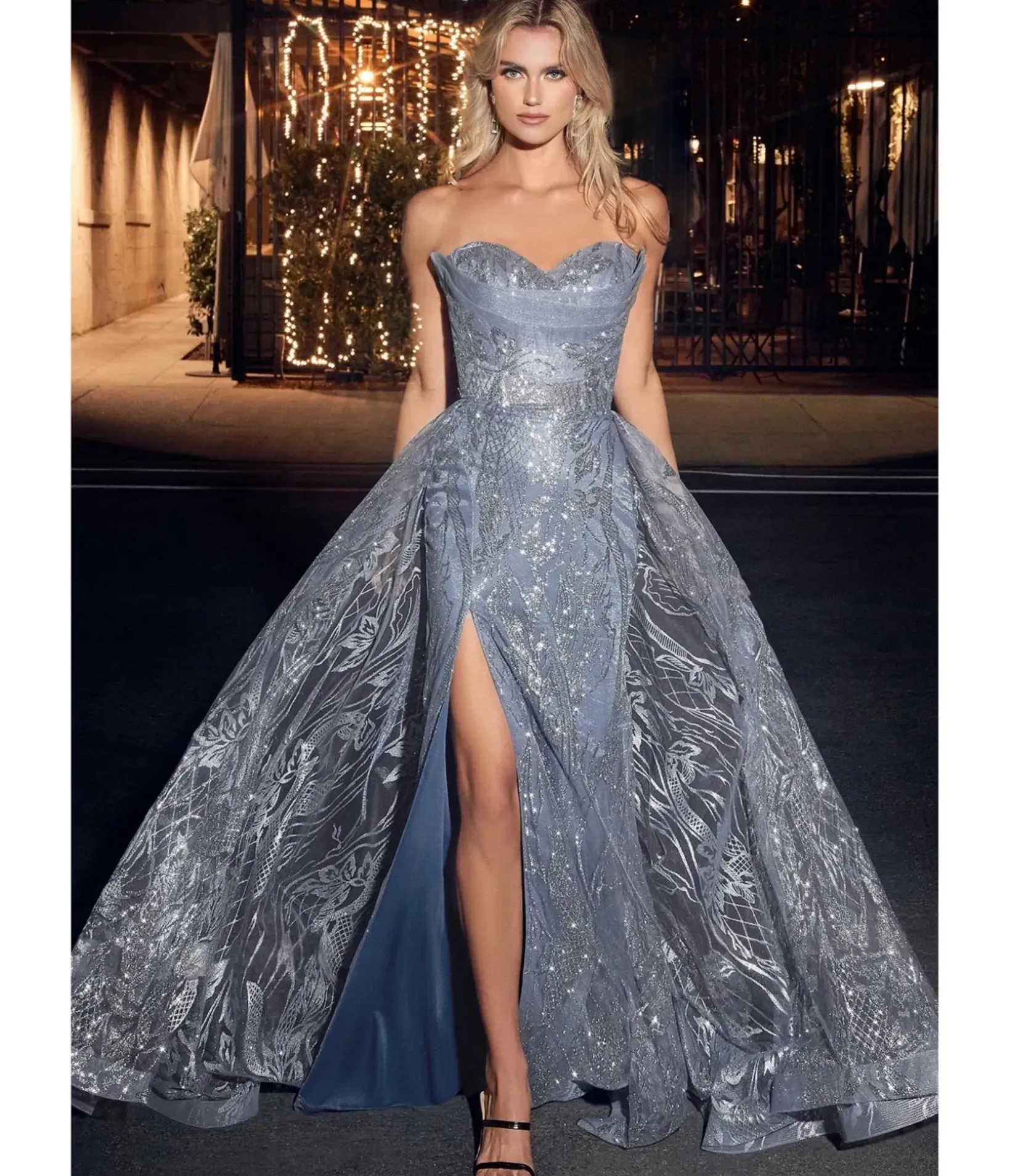 Unique Vintage Special Occasion|Prom Dresses>Cinderella Divine Smoky Blue Glitter Printed Strapless Mermaid Evening Gown