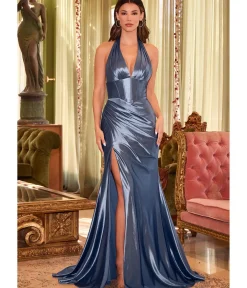 Unique Vintage Special Occasion|Prom Dresses>Cinderella Divine Smoky Blue Pleated Satin Halter Corset Evening Gown