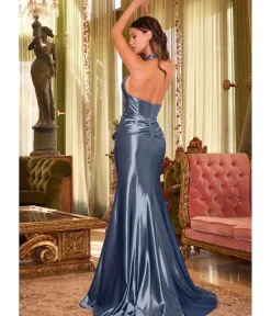 Unique Vintage Special Occasion|Prom Dresses>Cinderella Divine Smoky Blue Pleated Satin Halter Corset Evening Gown