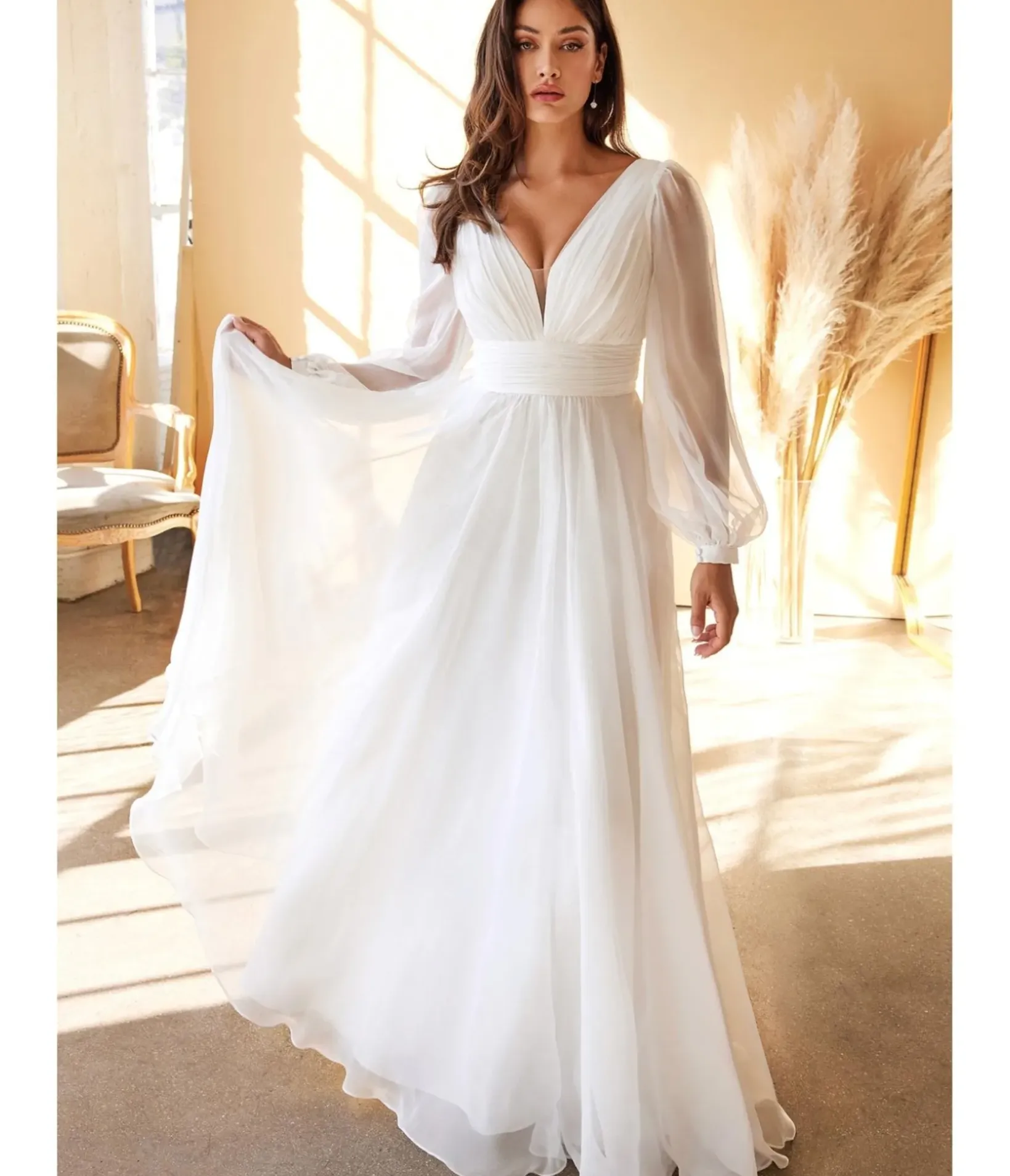 Unique Vintage Special Occasion|Prom Dresses>Cinderella Divine White Chiffon Sleeve Goddess Bridal Gown