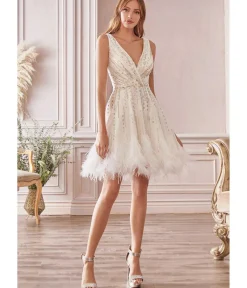 Unique Vintage Special Occasion|Prom Dresses>Cinderella Divine White Rhinestone & Feather Hem Bridal Mini Dress
