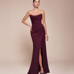Unique Vintage Special Occasion|Prom Dresses>Cinderella Divine Wine Chiffon Strapless Slit Prom Dress