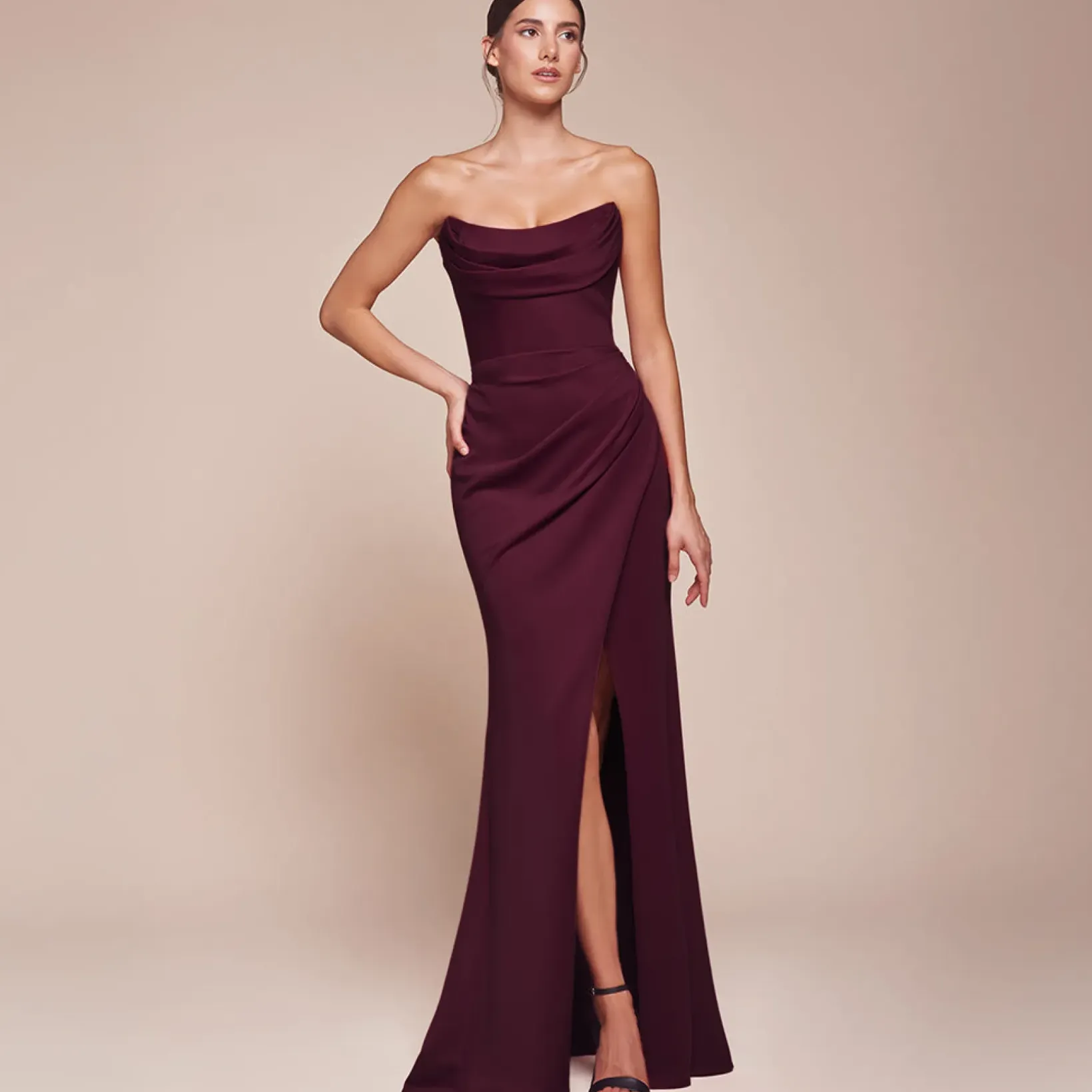 Unique Vintage Special Occasion|Prom Dresses>Cinderella Divine Wine Chiffon Strapless Slit Prom Dress