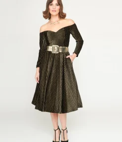 Unique Vintage Swing|Everyday Dresses>Collectif Black & Gold Glitter Striped Anjelica Swing Dress