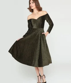 Unique Vintage Swing|Everyday Dresses>Collectif Black & Gold Glitter Striped Anjelica Swing Dress