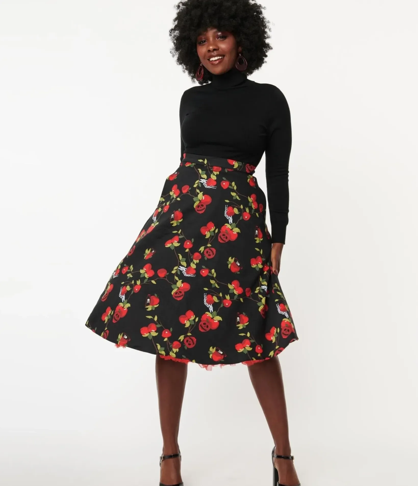 Unique Vintage All Things Black|Halloween>Collectif Black & Red Deathly Apples Cassie Swing Skirt