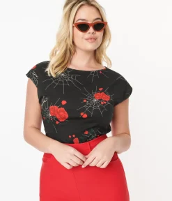 Unique Vintage Halloween>Collectif Black Spinners Web & Roses Blouse