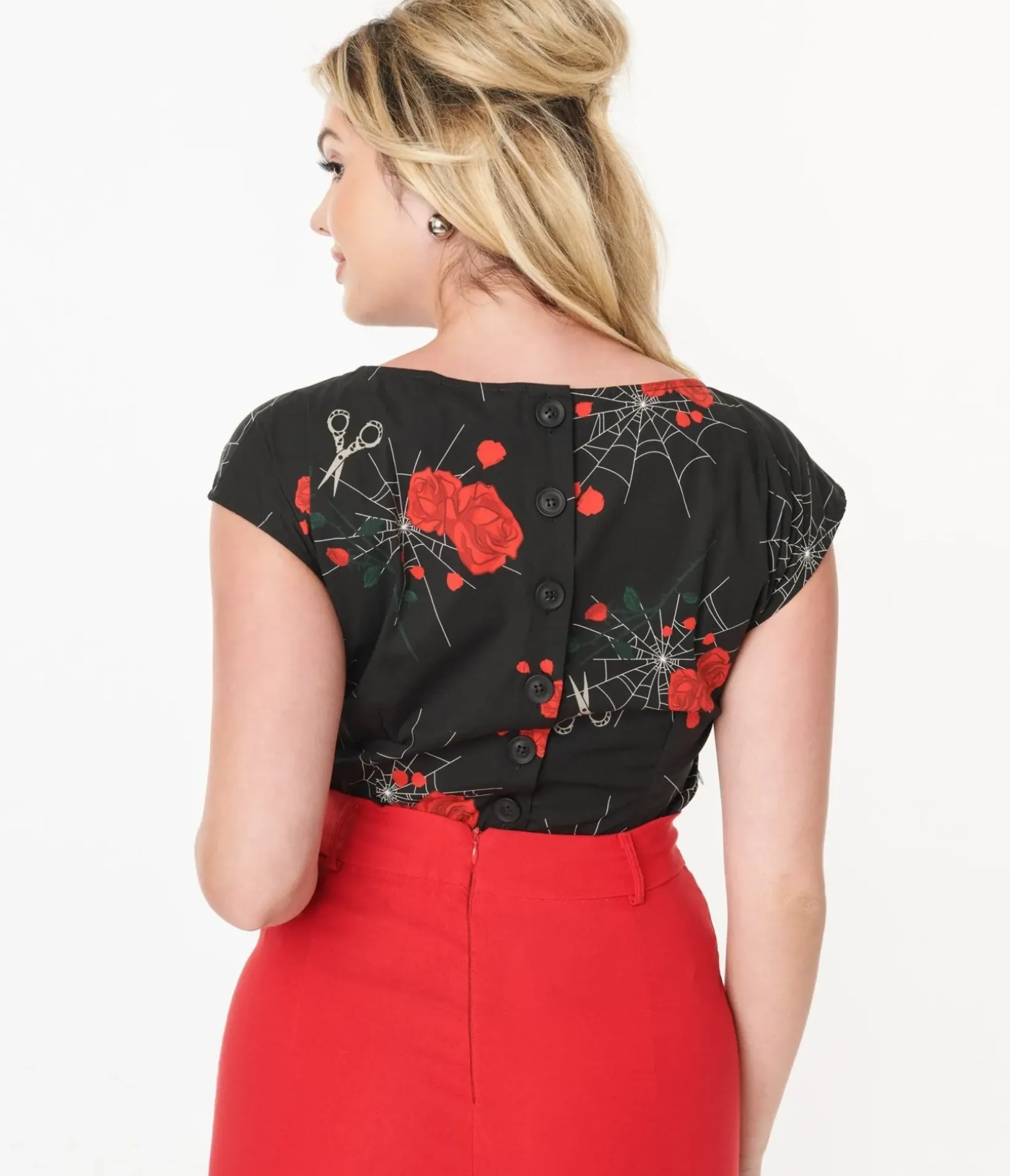 Unique Vintage Halloween>Collectif Black Spinners Web & Roses Blouse