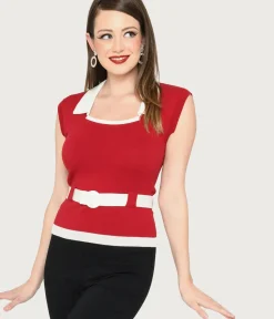 Unique Vintage Work Wear>Collectif Burgundy & White Belted Norma Knit Top