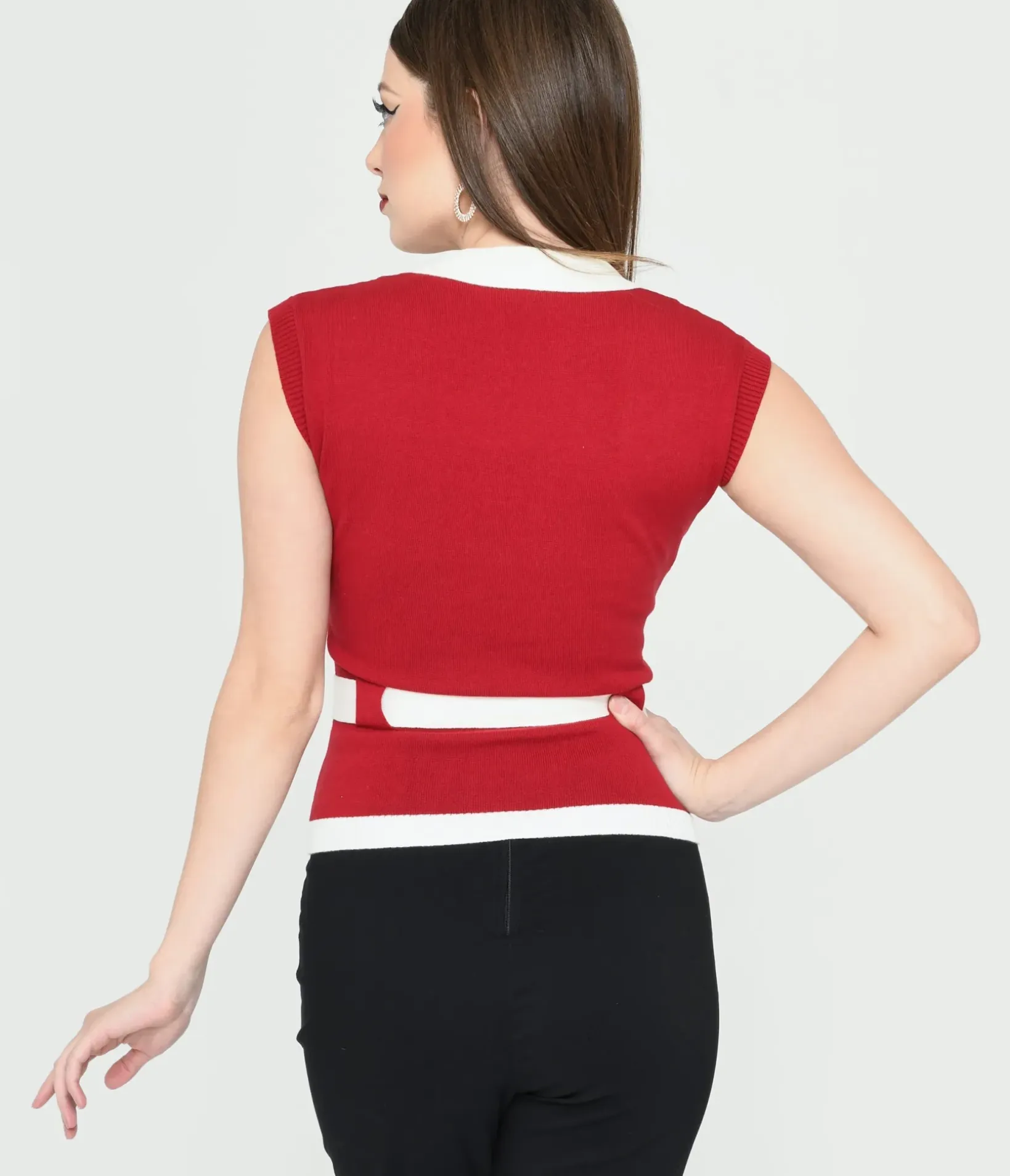 Unique Vintage Work Wear>Collectif Burgundy & White Belted Norma Knit Top