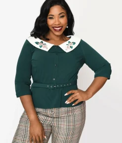Unique Vintage Blouses|Work Wear>Collectif Green & Floral Collar Peplum Blouse