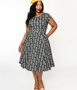 Unique Vintage Swing|Pocket Dresses>Collectif Green Wallflower Striped Swing Dress