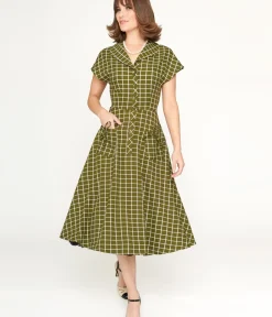 Unique Vintage Swing|Pocket Dresses>Collectif Green & White Checked Liza Acres Swing Dress
