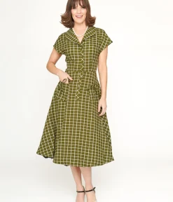 Unique Vintage Swing|Pocket Dresses>Collectif Green & White Checked Liza Acres Swing Dress