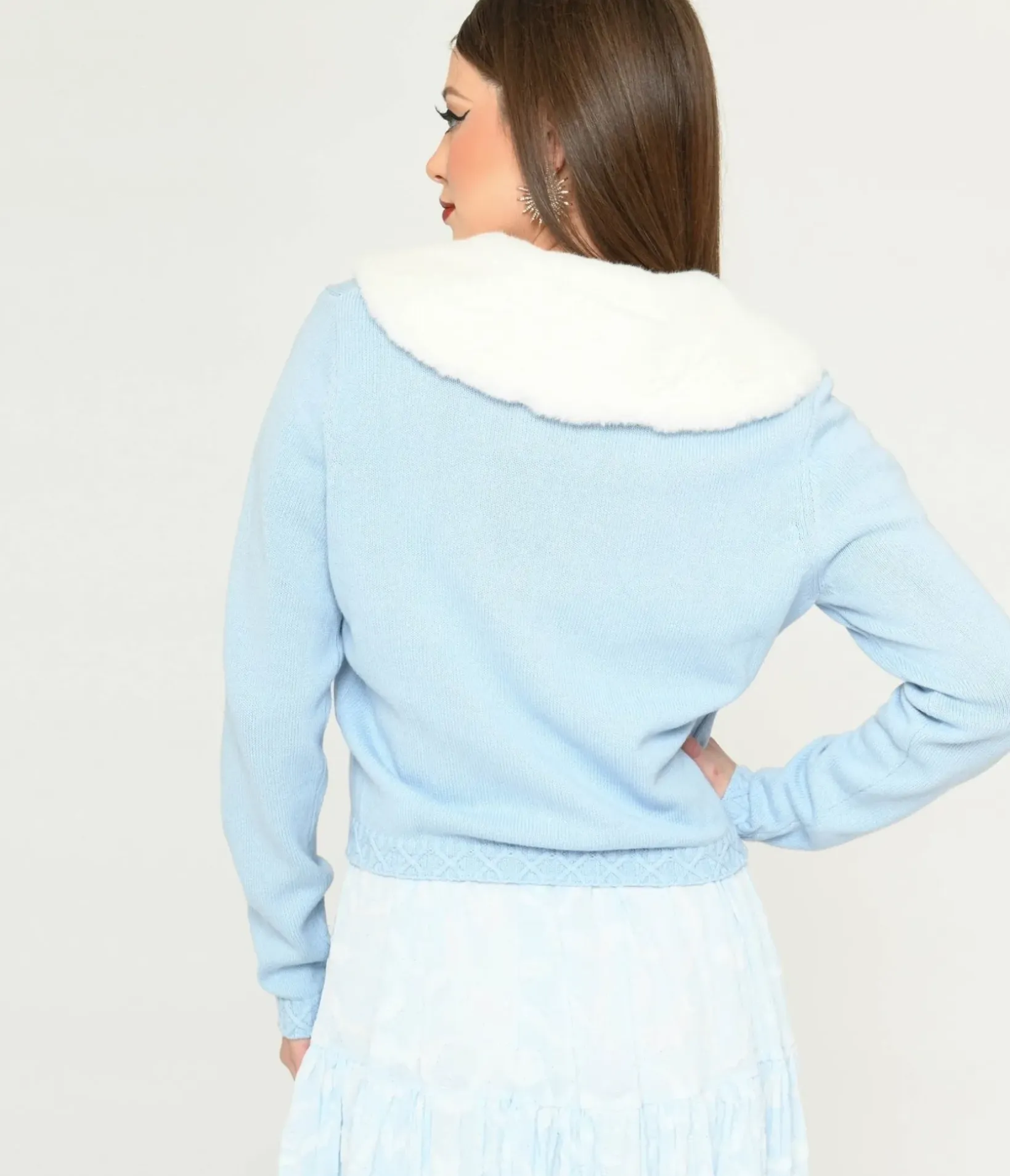 Unique Vintage Sweaters & Cardigans>Collectif Light Blue & Faux Fur Collar Cardigan