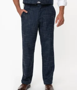 Unique Vintage Pants>Collectif Navy Blue Crosshatch Bobbie Trousers