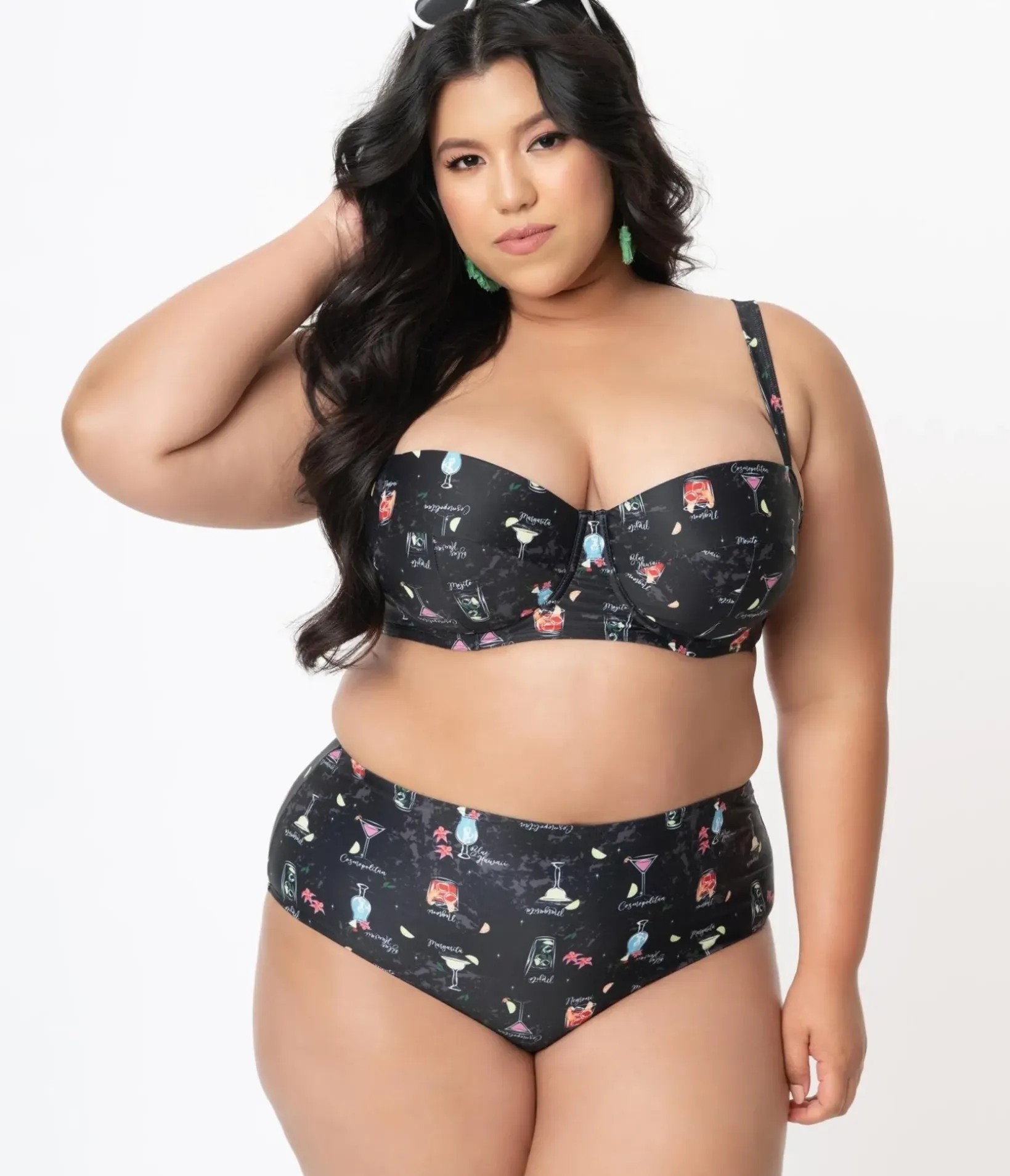Unique Vintage Two Piece Swim|Swim Bottoms>Collectif Plus Size Black & Cocktail Menu Print Swim Bottom