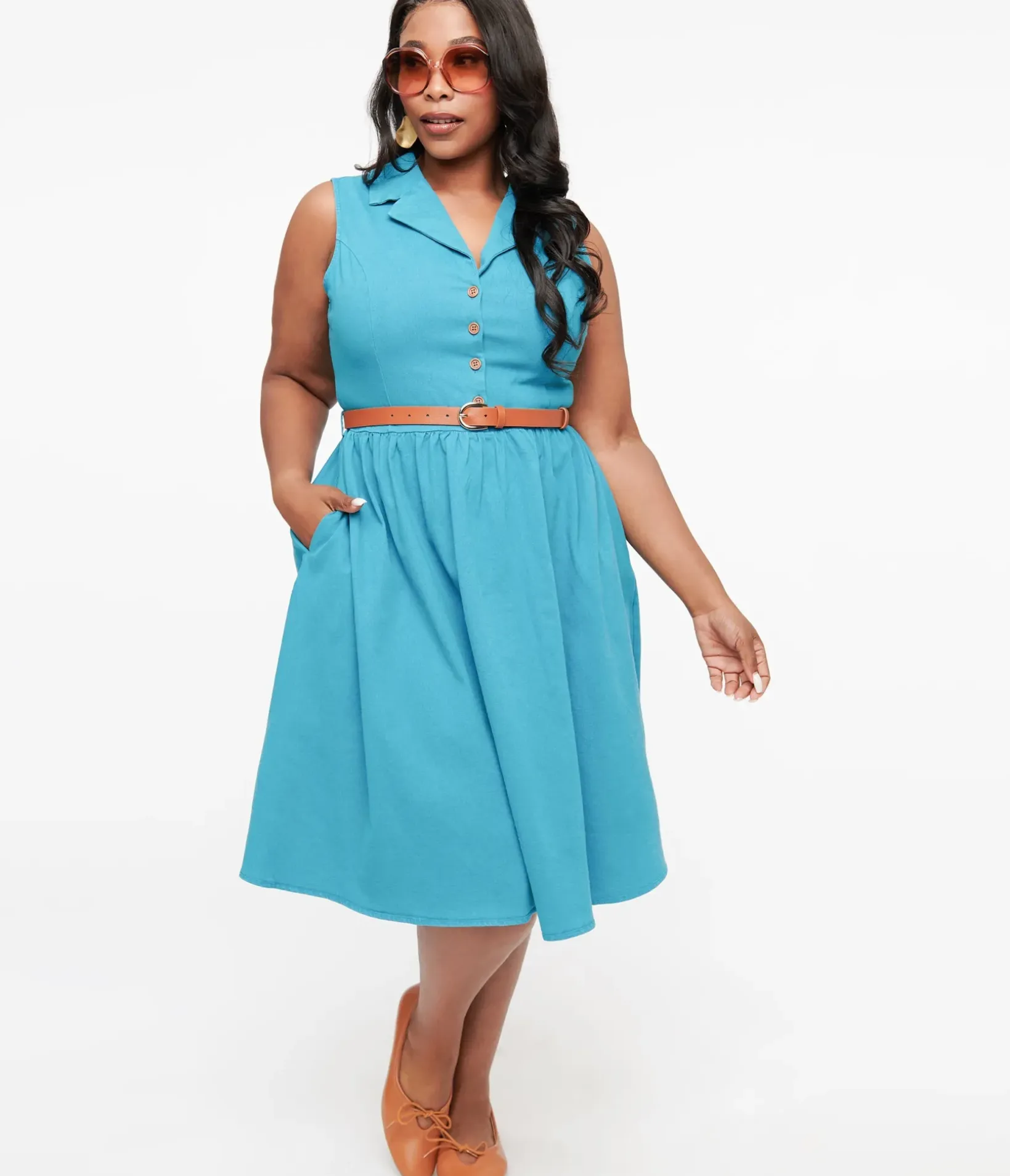 Unique Vintage Swing|Pocket Dresses>Collectif Plus Size 1950s Blue Denim Donda Swing Dress