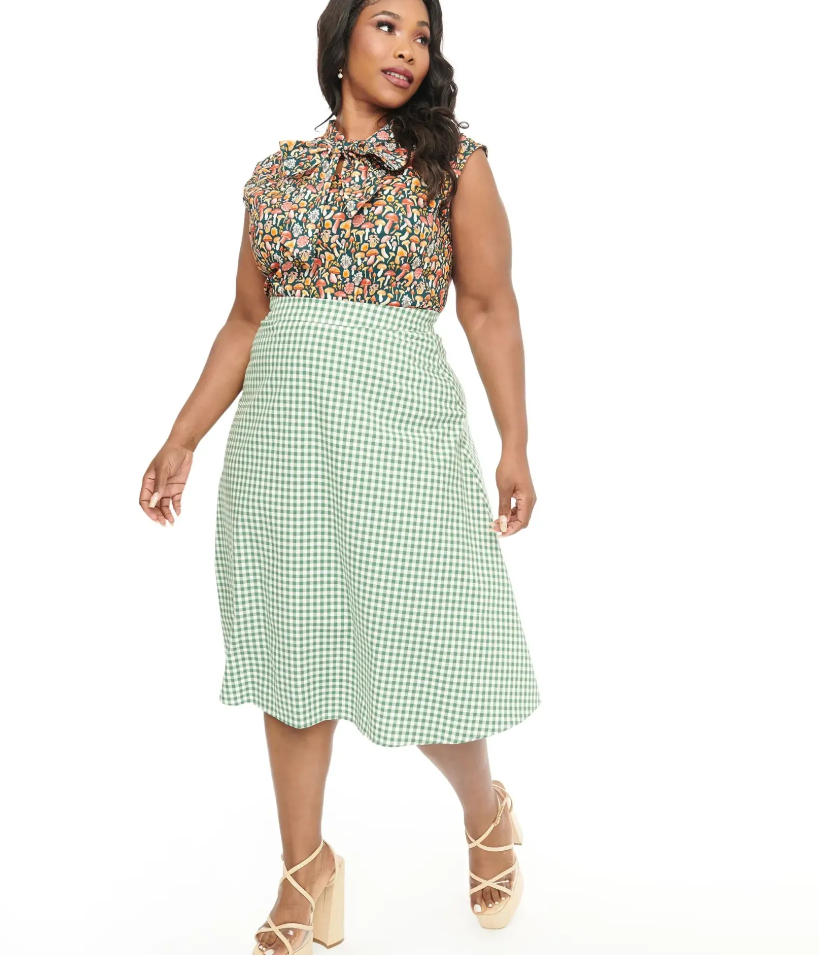 Unique Vintage Skirts|Skirts>Collectif Plus Size 1930s Green & White Gingham Hetty Swing Skirt