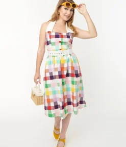 Unique Vintage Swing|Pocket Dresses>Collectif Rainbow Checkered Halter Waverly Swing Dress