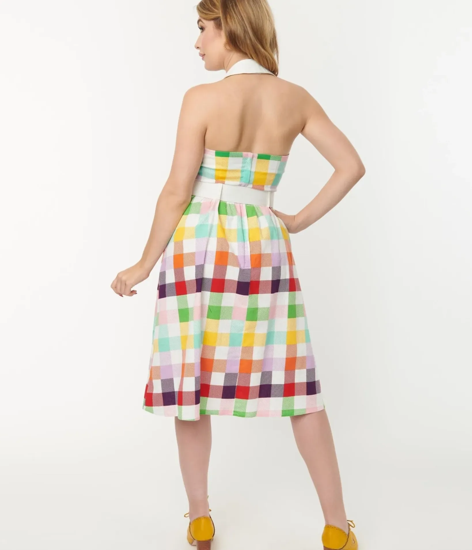 Unique Vintage Swing|Pocket Dresses>Collectif Rainbow Checkered Halter Waverly Swing Dress