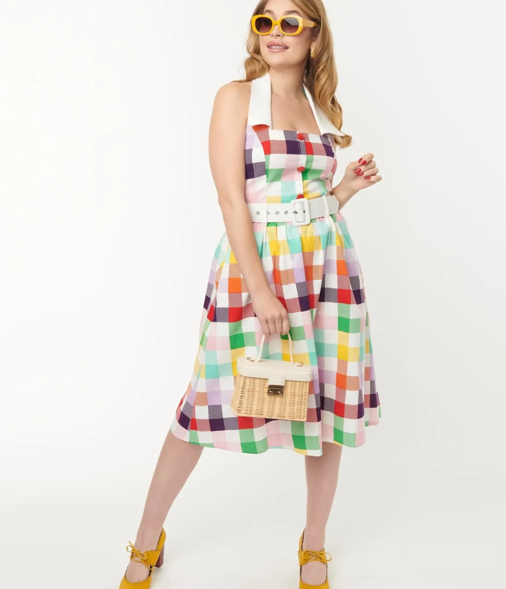 Unique Vintage Swing|Pocket Dresses>Collectif Rainbow Checkered Halter Waverly Swing Dress