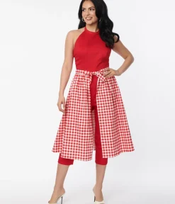 Unique Vintage Rompers & Jumpsuits|All Things Red>Collectif Red Gingham Skirted Midge Jumpsuit Set