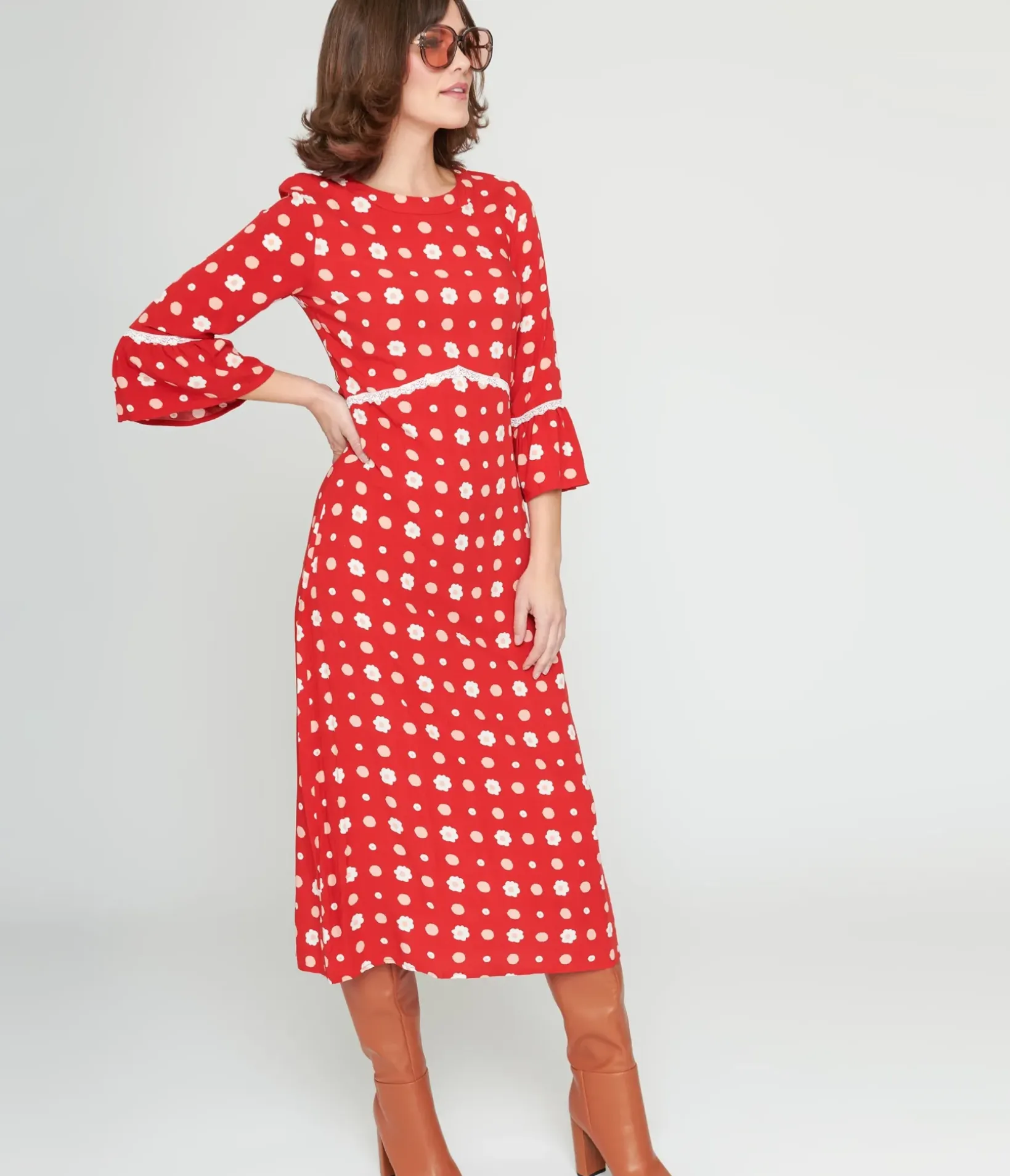 Unique Vintage Midi|Everyday Dresses>Collectif Red & White Poppy Print Midi Dress