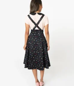 Unique Vintage Skirts>Collectif 1950s Black & Multicolor Stars Alexa Suspender Swing Skirt