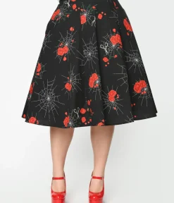 Unique Vintage Skirts|Halloween>Collectif 1940s Black Spinners Web & Roses Swing Skirt