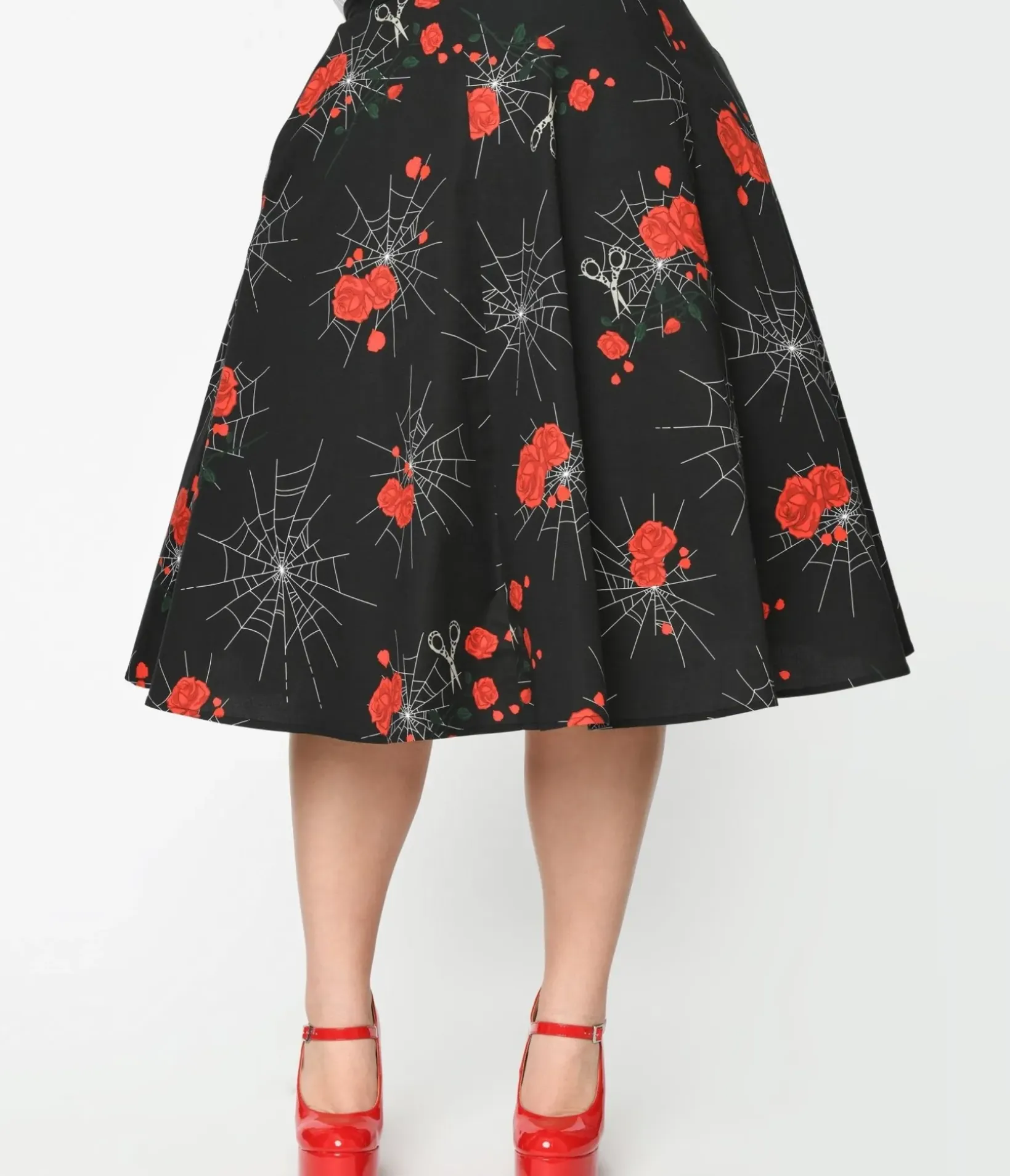 Unique Vintage Skirts|Halloween>Collectif 1940s Black Spinners Web & Roses Swing Skirt