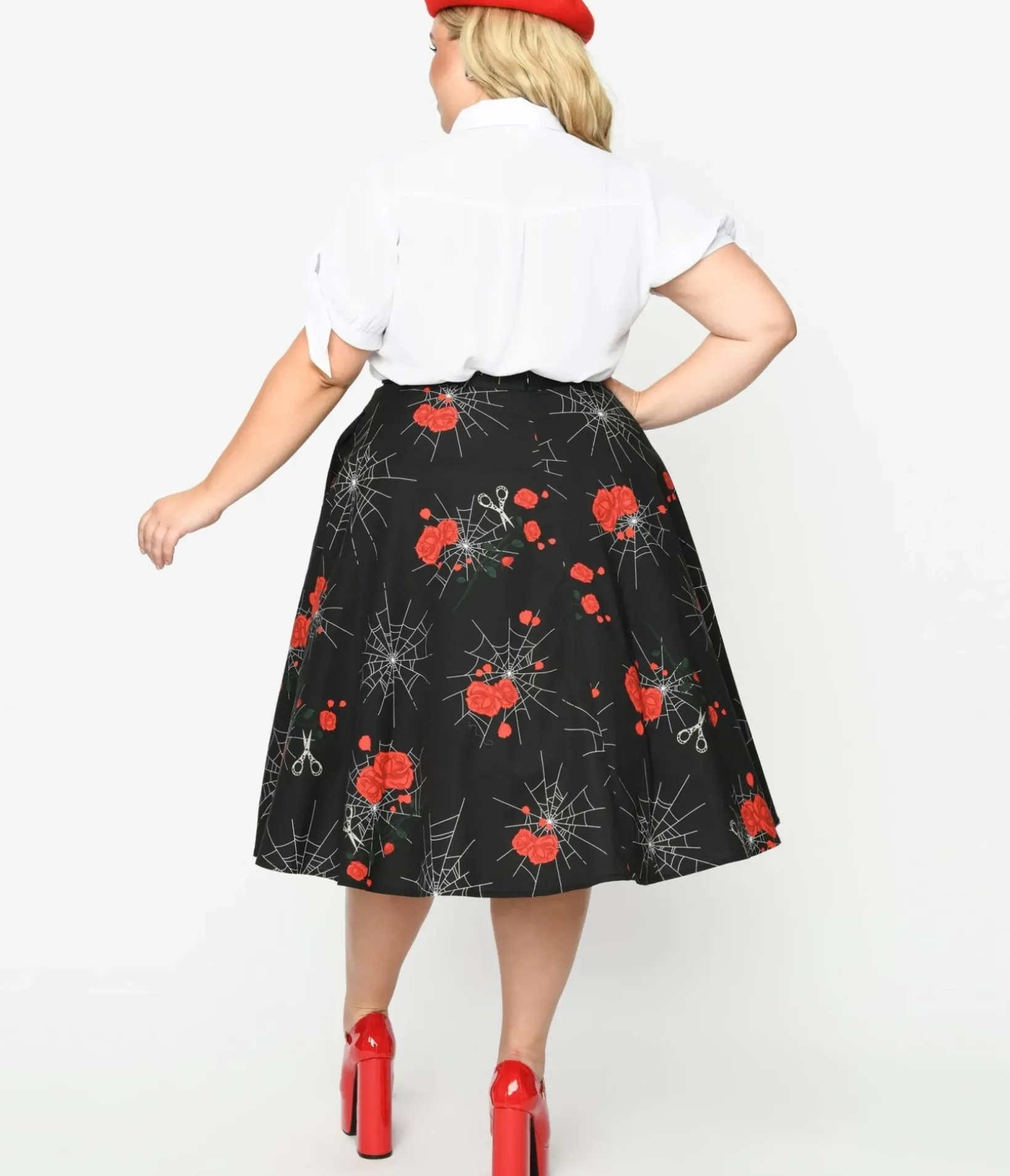 Unique Vintage Skirts|Halloween>Collectif 1940s Black Spinners Web & Roses Swing Skirt