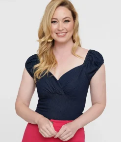 Unique Vintage Work Wear>Collectif 1950s Dark Blue Denim Rita Blouse