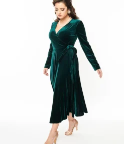 Unique Vintage Midi|Wrap Dresses>Collectif 1940s Green Velvet Kendra Wrap Dress