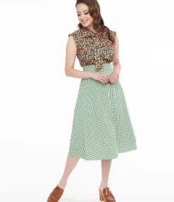 Unique Vintage Skirts>Collectif 1930s Green & White Gingham Hetty Swing Skirt