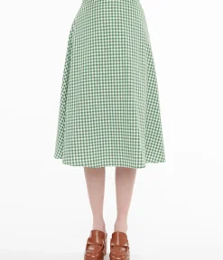 Unique Vintage Skirts>Collectif 1930s Green & White Gingham Hetty Swing Skirt