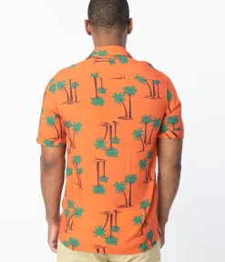 Unique Vintage Blouses>Collectif 1940s Orange & Palm Beach Print Oscar Mens Shirt