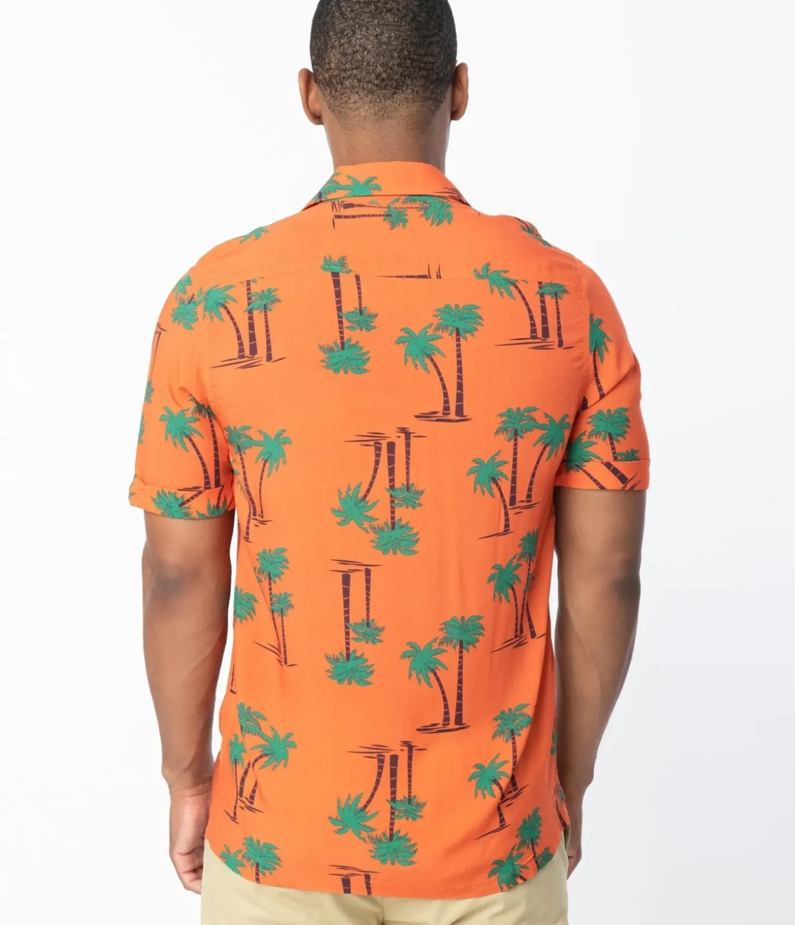 Unique Vintage Blouses>Collectif 1940s Orange & Palm Beach Print Oscar Mens Shirt